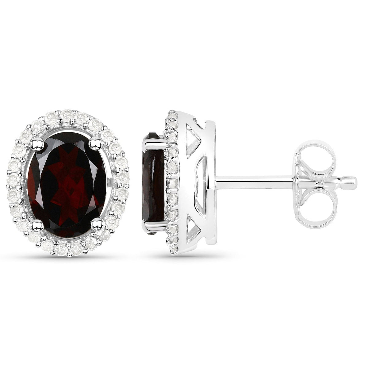 Sterling Silver Garnet and Diamond Oval Stud Earrings