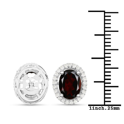 Sterling Silver Garnet and Diamond Oval Stud Earrings