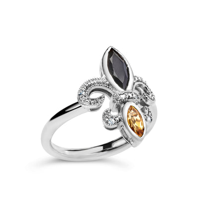 Sterling Silver Black Onyx, Yellow Citrine, and Diamond Accent Fleur De Lis Ring