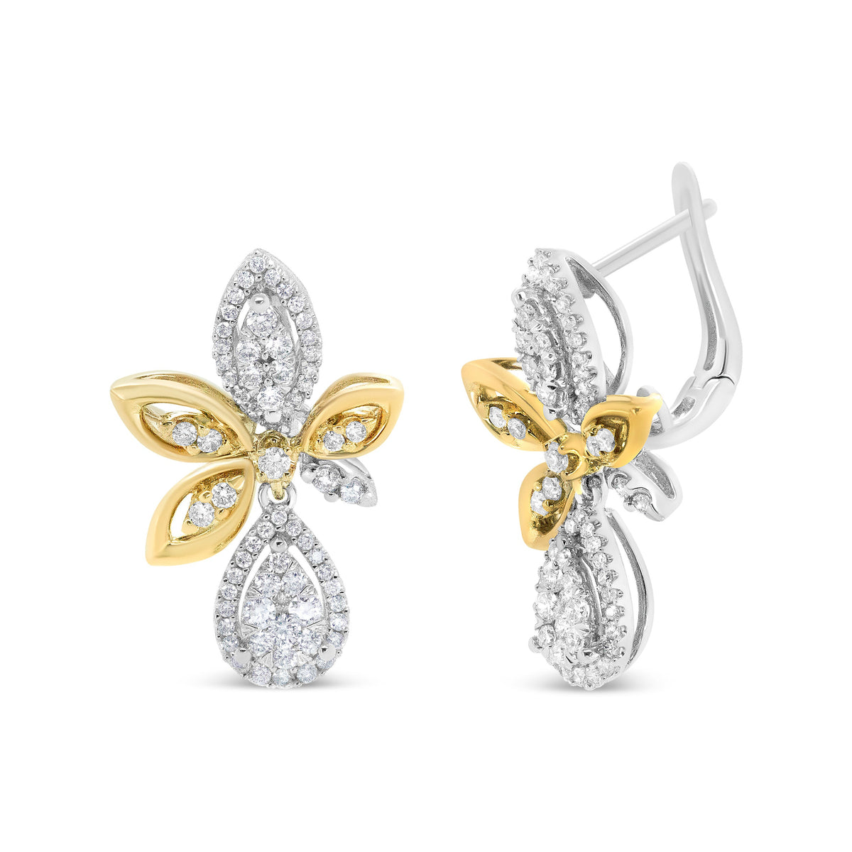 14K White and Yellow Gold 1.00 Cttw Diamond Teardrop and Marquise Drop Dangle Earrings
