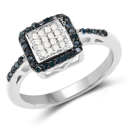 Sterling Silver Blue Diamond and White Diamond Cluster Ring