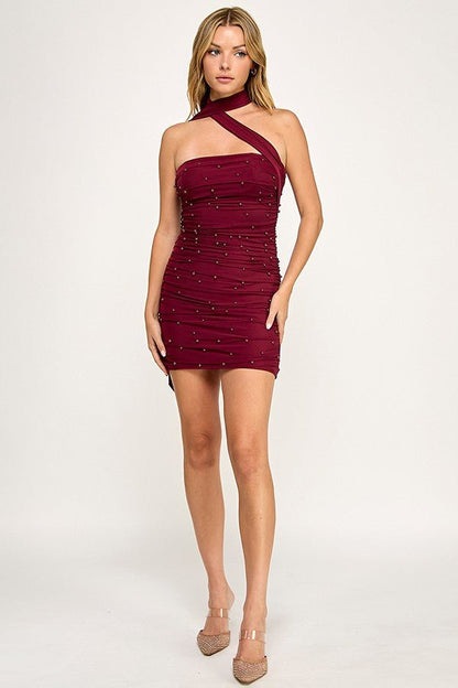 Garnet Pearl Allure Strapless Scarf Detail Mini Dress