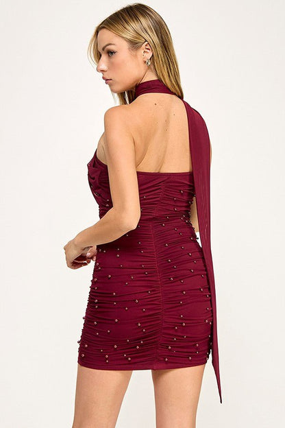 Garnet Pearl Allure Strapless Scarf Detail Mini Dress