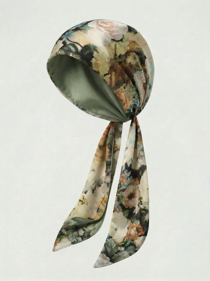 Sage Floral Printed Silk headscarf with ties