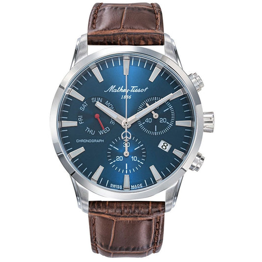 Stainless Steel Blue Dial Chronograph Watch with Brown Leather Strap