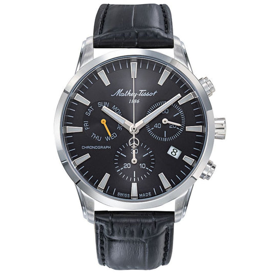 Stainless Steel Chronograph Watch with Black Leather Strap