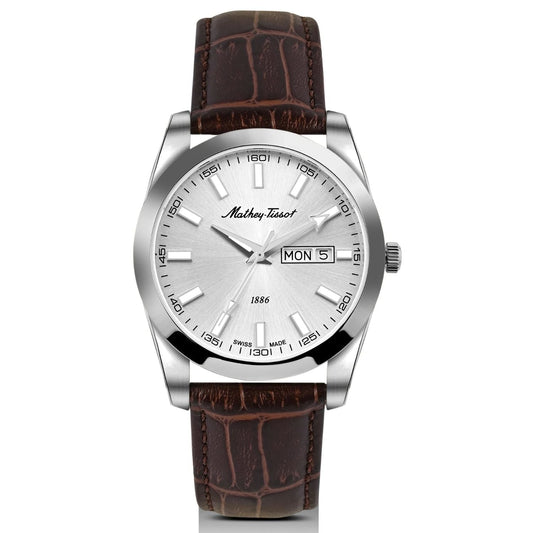 Stainless Steel Day-Date Leather Strap Watch