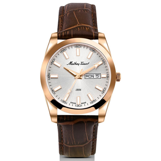 Stainless Steel Day-Date Leather Strap Watch