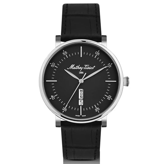 Stainless Steel Day-Date Watch with Black Leather Strap