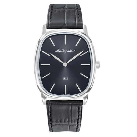 Stainless Steel Black Dial Leather Strap Watch