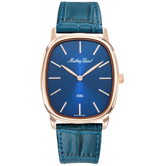 Stainless Steel 39mm Blue Dial Leather Strap Watch
