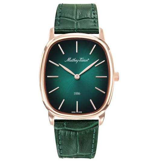 Stainless Steel Green Dial Leather Strap Watch