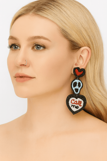 Halloween Beaded Skull Heart "Call Me" Dangle Earrings