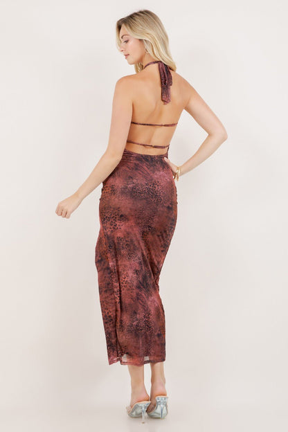 Halter Keyhole Cutout Maxi Dress – Sleeveless Ruched Slit Evening Gown
