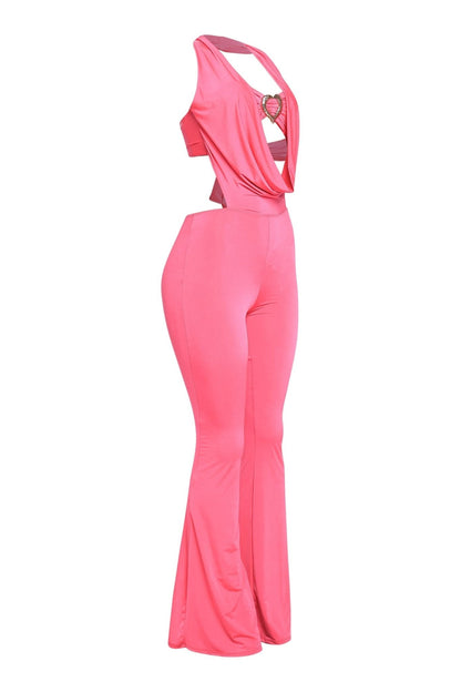 Houston Babe Deep Cowl Neck Gold Heart Halter Jumpsuit