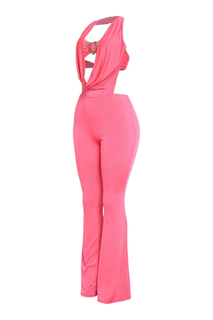 Houston Babe Deep Cowl Neck Gold Heart Halter Jumpsuit