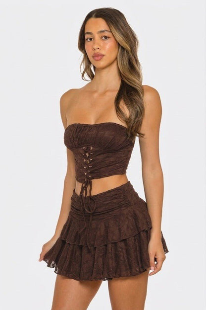 Lace-Up Tube Top & Ruffle Mini Skirt Set