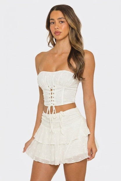 Lace-Up Tube Top & Ruffle Mini Skirt Set