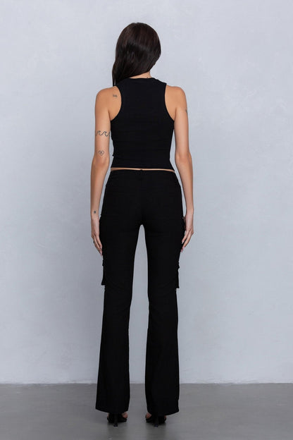 Low Rise Flared Cargo Pants | Stretchy Woven Streetwear with Strap Details