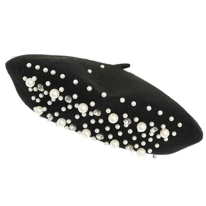 Luxe Pearl Stone Cluster Embellished 100 % Wool Beret