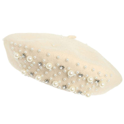 Luxe Pearl Stone Cluster Embellished 100 % Wool Beret