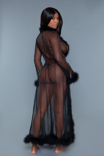 Marabou Robe Full-Length Chiffon Robe with Faux Fur Trim