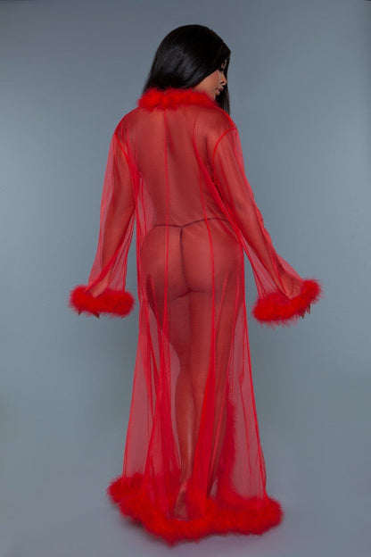 Marabou Robe Full-Length Chiffon Robe with Faux Fur Trim