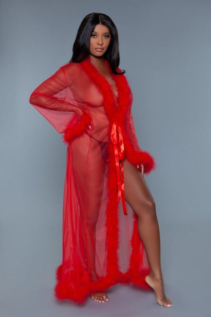 Marabou Robe Full-Length Chiffon Robe with Faux Fur Trim