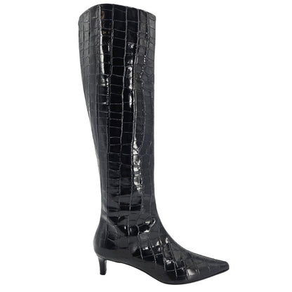 Black Tall Moc Croc Pointy Toe Kitten Heel Boot