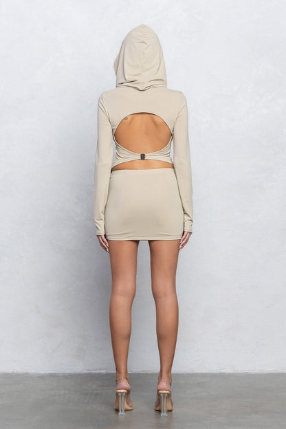 Marlin Heavy Nylon Hooded Cowl Top & Mini Skirt Set | Back Cut-Out Trendy Party Look