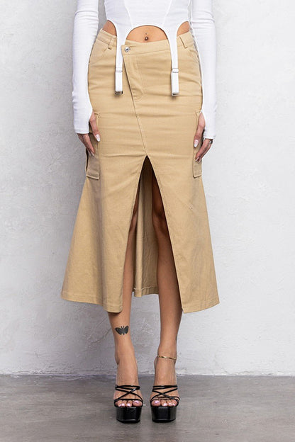 Mermaid Front Cut Detail Midi Skirt | Diagonal Closure Stretch Fit