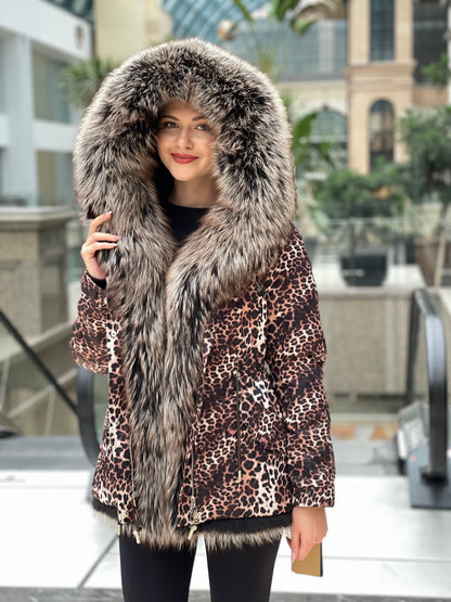 Leopard Genuine Silver Fox Fur Parka with Rabbit Fur Insulation