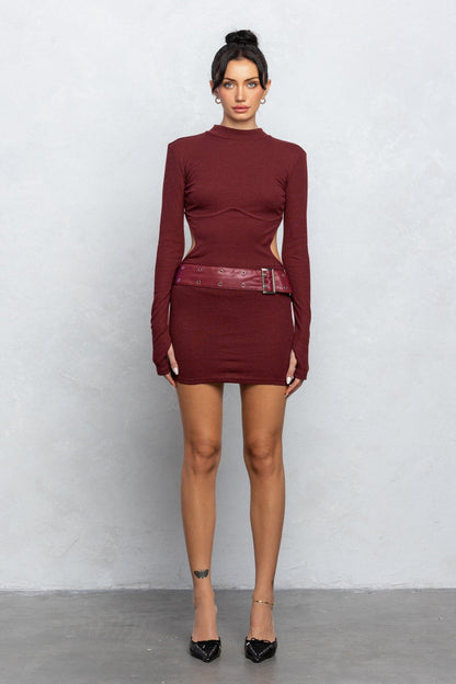 Mock Neck Belted Open Back Mini Knit Dress | Chic Ribbed Knit Style