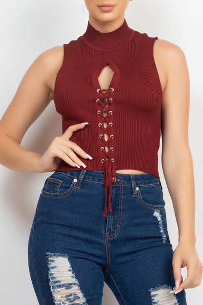 Mock Neck Ribbed Lace-Up Cutout Crop Top – Sleeveless Knit Corset Style