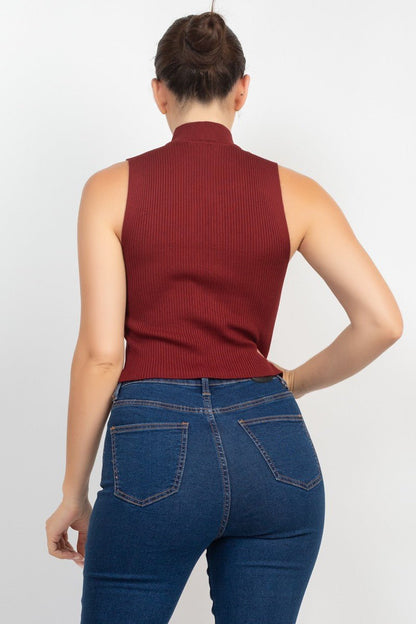 Mock Neck Ribbed Lace-Up Cutout Crop Top – Sleeveless Knit Corset Style