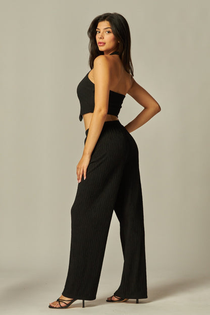 Noir Crinkled Plissé Halter Vest & Wide-Leg Pant Set