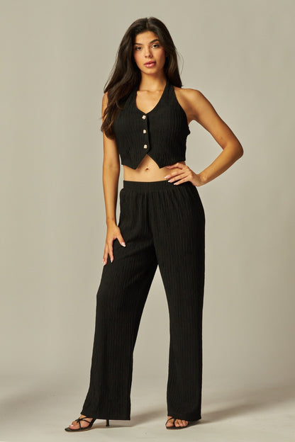 Noir Crinkled Plissé Halter Vest & Wide-Leg Pant Set