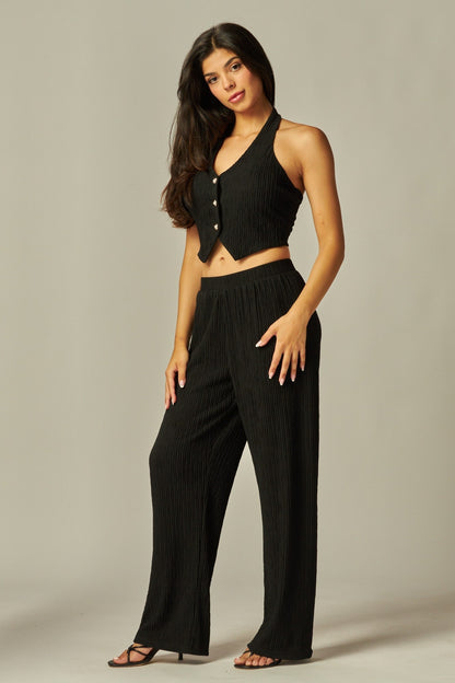 Noir Crinkled Plissé Halter Vest & Wide-Leg Pant Set
