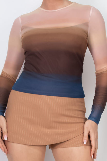 Ombre Mesh Long Sleeve Top – Sheer Gradient Fitted Tee