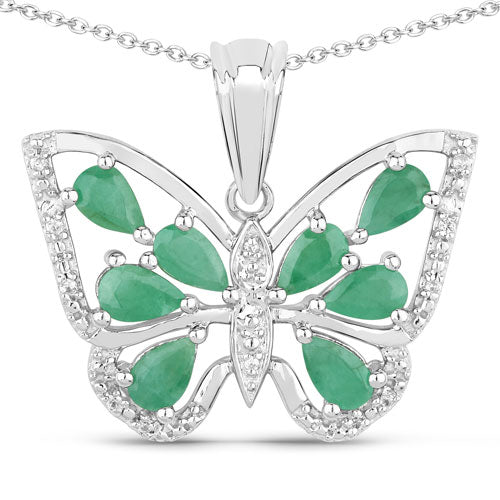 Sterling Silver Emerald and White Zircon Butterfly Pendant