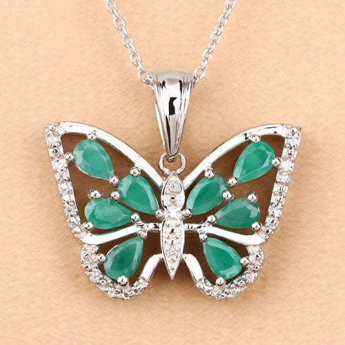 Sterling Silver Emerald and White Zircon Butterfly Pendant