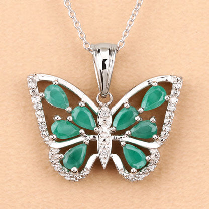 Sterling Silver Emerald and White Zircon Butterfly Pendant
