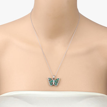 Sterling Silver Emerald and White Zircon Butterfly Pendant