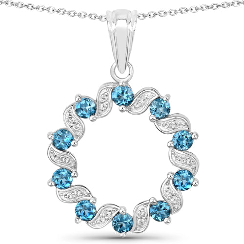 Sterling Silver London Blue Topaz and White Topaz Circle Pendant