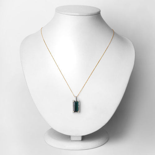 4.28 Carat Genuine Green Tourmaline and White Diamond 14K Yellow Gold Pendant