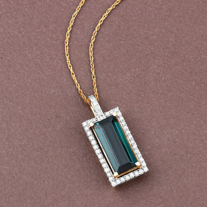4.28 Carat Genuine Green Tourmaline and White Diamond 14K Yellow Gold Pendant