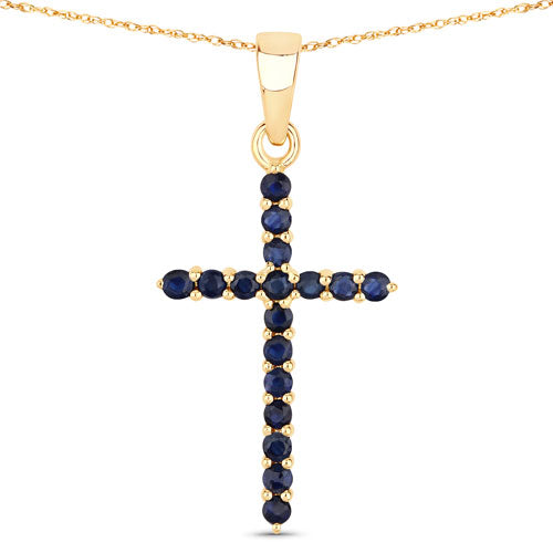 14K Yellow Gold Blue Sapphire Cross Pendant