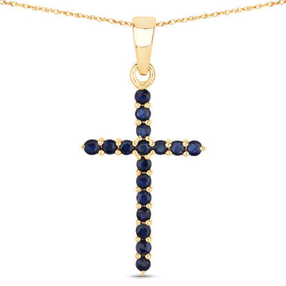 14K Yellow Gold Blue Sapphire Cross Pendant