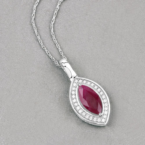 10K White Gold Ruby and Diamond Halo Pendant