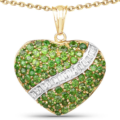 14K Yellow Gold Plated Sterling Silver Chrome Diopside and White Topaz Cluster Pendant